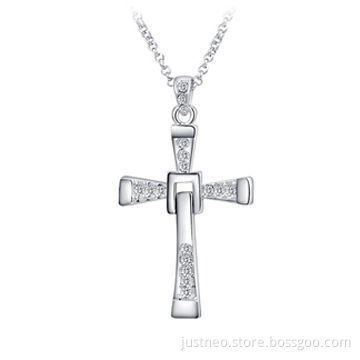 Fashion cross pendant necklace for women, gold plated copper alloy with rhinestones